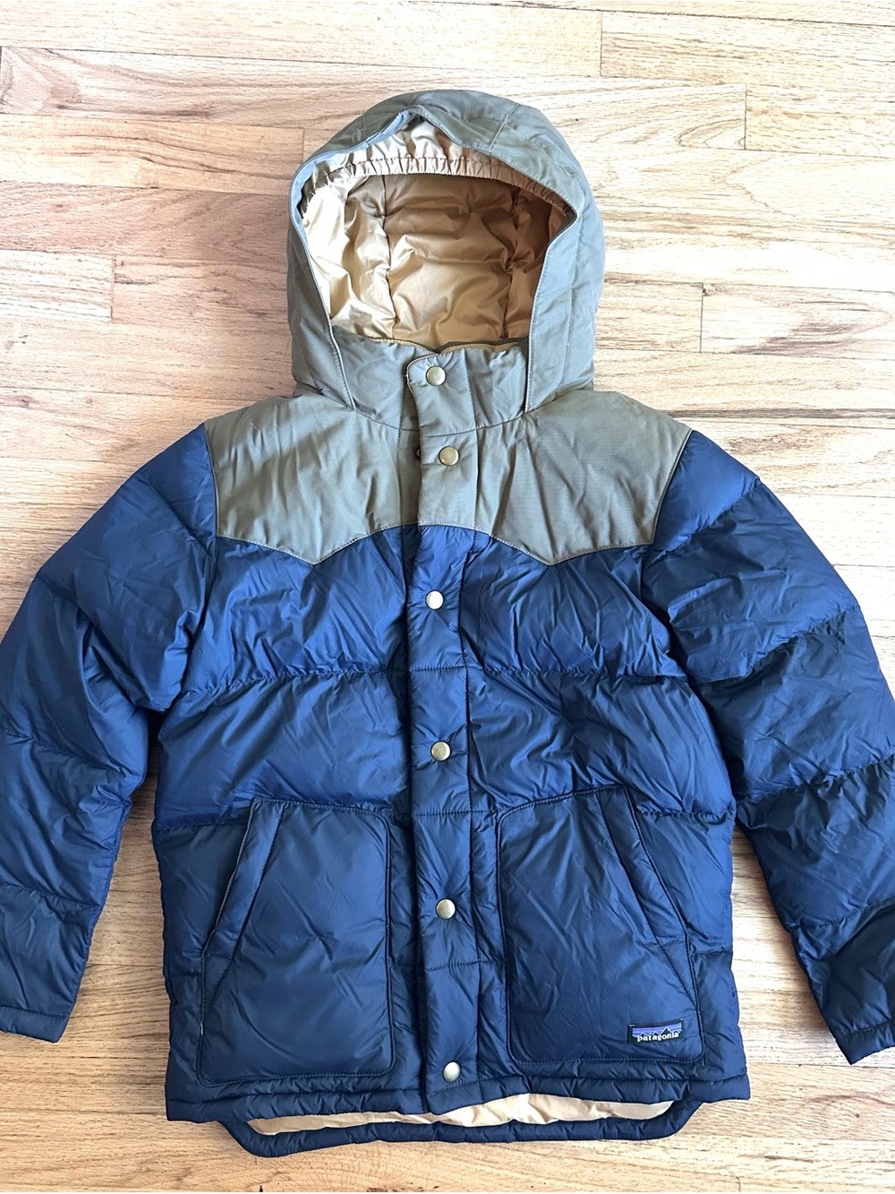 Patagonia Kids Navy and Olive Hooded Puffer Jacket